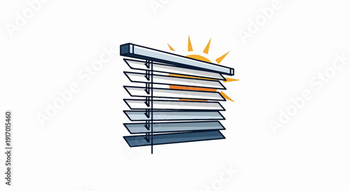 A stylized illustration of blinds with sun rays behind them