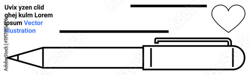 Writing tools, design, love, communication, education, creativity. A minimalistic ballpoint pen next to a heart shape and abstract lines. Writing tools and design