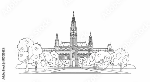 Ornate Gothic style building with tall spires and clocks, surrounded by trees