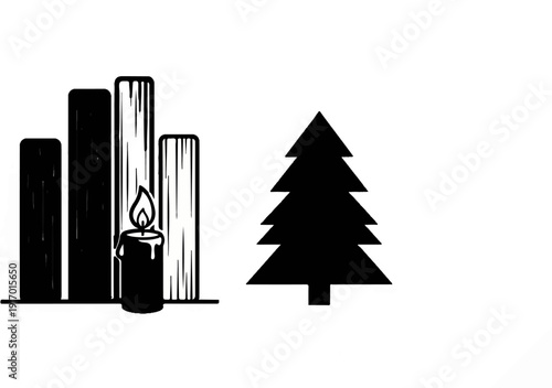 A lit candle stands before several books next to a Christmas tree silhouette