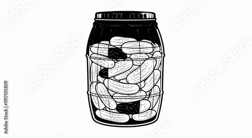 A jar filled with pickles, some are black