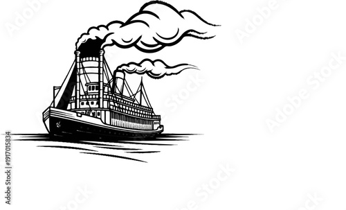 A vintage paddlewheel steamboat sails through choppy waters emitting smoke