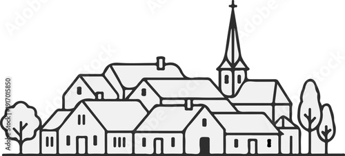 Stylized village scene with varied houses and a prominent church steeple