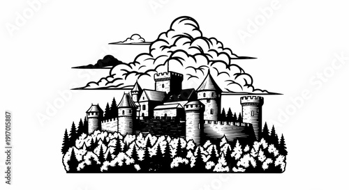 A black and white illustration of a grand castle perched atop a forested hill beneath dramatic clouds