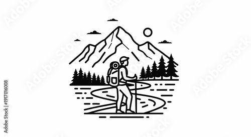A hiker with a backpack and poles walks by a river towards a mountain under the sun
