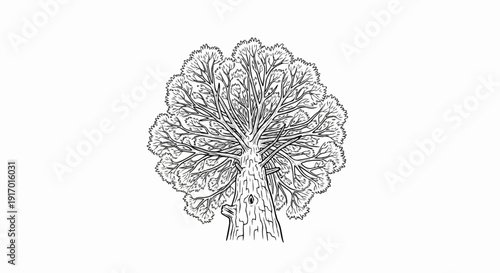A detailed black and white illustration of a large tree seen from below