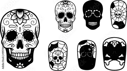 Various illustrated skulls and crossbones designs on white background