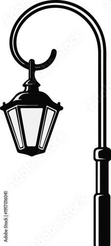 Classic black and white streetlamp with a curved pole and lantern