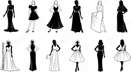 Elegant female silhouettes showcasing diverse formal dress styles