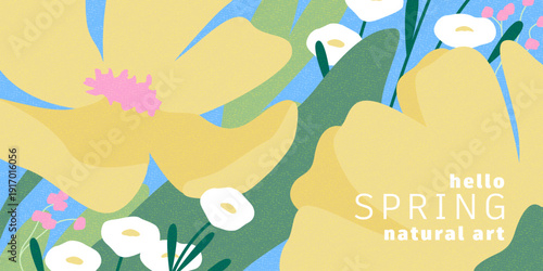 Spring flowers. Macro white, yellow buds. 8 March, women's day, Easter, mother's day holiday card. Bright colorful botanical horizontal background, pattern. 