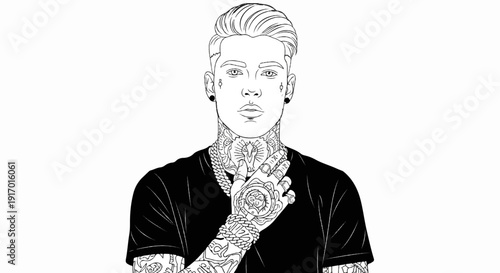Black and white line art of a tattooed man