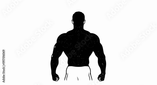 Back view of a muscular person in black silhouette with white highlights