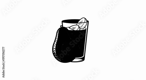 A black and white drawing of a glass with dark liquid and fruit slices