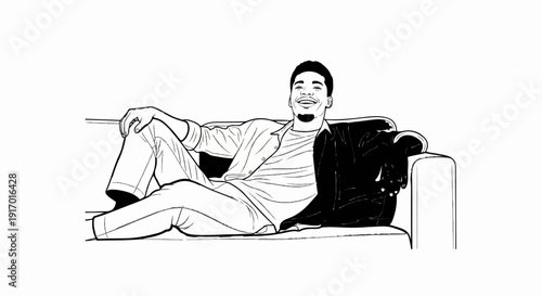 A man in casual attire relaxes on a couch, smiling and looking towards the viewer