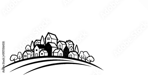 Whimsical village scene with houses and trees on rolling hills