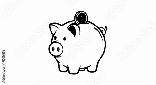 A simple black and white illustration of a pig-shaped coin bank with a coin