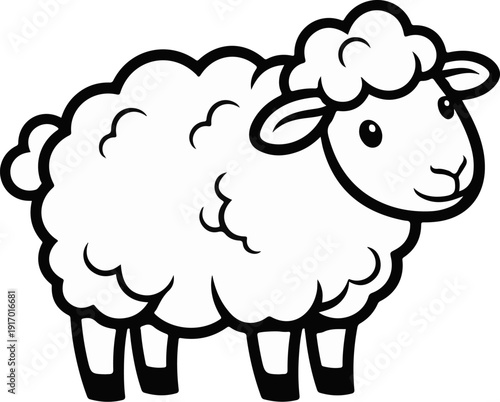 A simple black and white cartoon drawing of a fluffy sheep standing upright on four legs