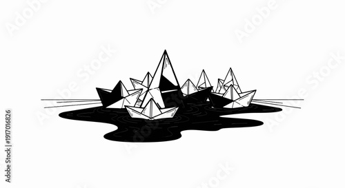 A cluster of paper boats sail on dark, wavy water