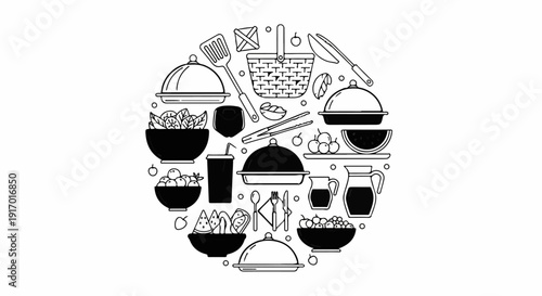 A collection of black and white line art icons representing food and picnic items