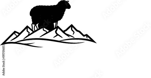 Silhouette of a sheep standing atop jagged mountains against a white background