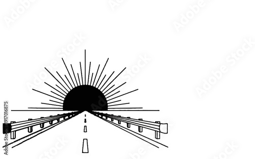 A black sunburst rises over a highway median, leading toward the horizon