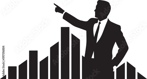 Businessman pointing at rising bar graph silhouette