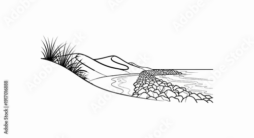 Stylized line drawing of a coastal landscape with dunes and a rocky embankment