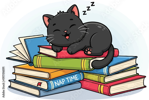 A cute black kitten is sleeping on a stack of books, with "Nap Time" written on one