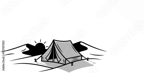 A minimalist tent sits on a sandy dune under a rising sun, evoking adventure