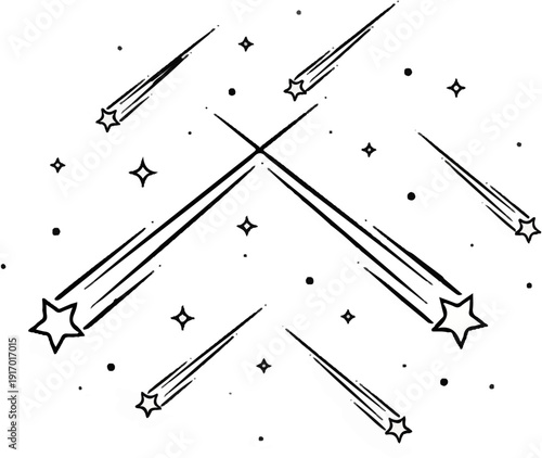 A stylized starry night sky filled with many shooting stars and dots