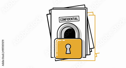 Stack of documents secured with a golden padlock, marked confidential