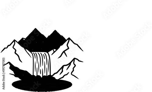 A minimalist black and white drawing of a cascading waterfall between mountains