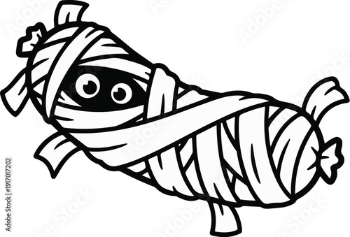 Cartoon mummy with wide eyes peeking out from bandages