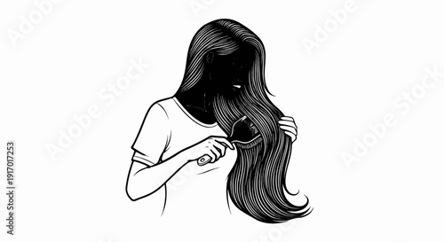 A stylized graphic of a person brushing long, flowing hair