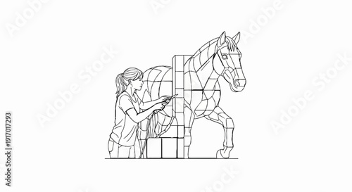 Line art of a woman working on a segmented horse sculpture, detail and construction