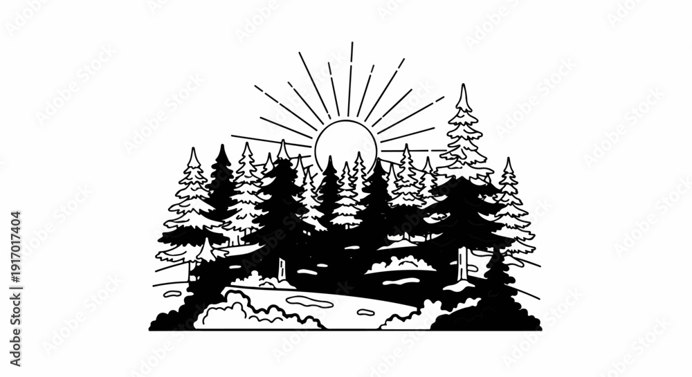 Fototapeta premium Sunrise over a dense forest with a winding path and a small pond