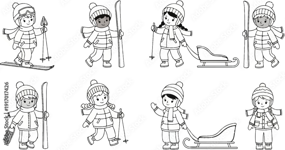 Fototapeta premium Cartoon children in winter clothing engaged in snow activities