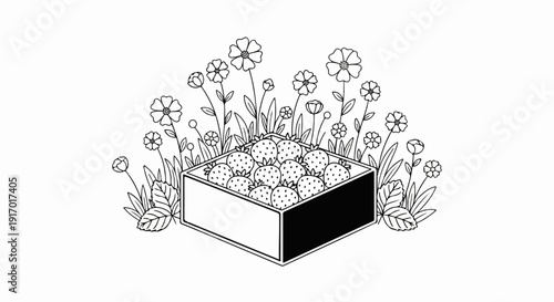 A crate brimming with dotted fruits, surrounded by various flowers and foliage