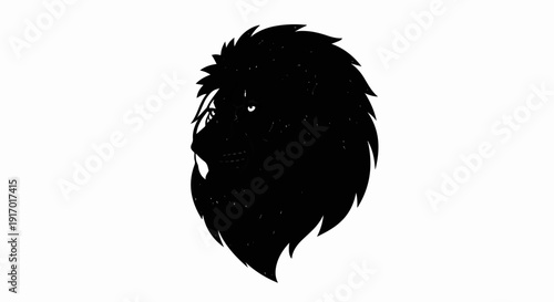 Black silhouette of a lion's head with textured mane and piercing eye