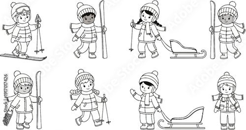 Cartoon children in winter clothing engaged in snow activities