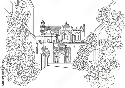Ornate floral vines frame a view of a grand historical building in an alley