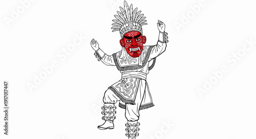 Performing dancer in striking red mask and traditional costume