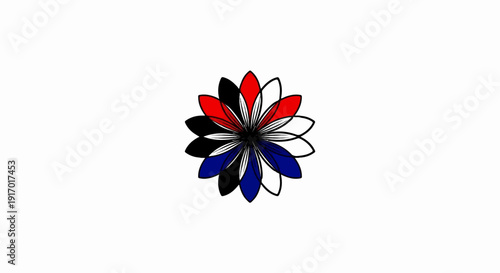 Abstract red, white, blue, and black flower petals, layered and outlined