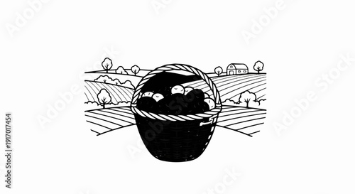 Harvest basket overflowing with dark berries on a rolling farm landscape