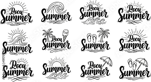 Twelve summer-themed black and white graphic designs
