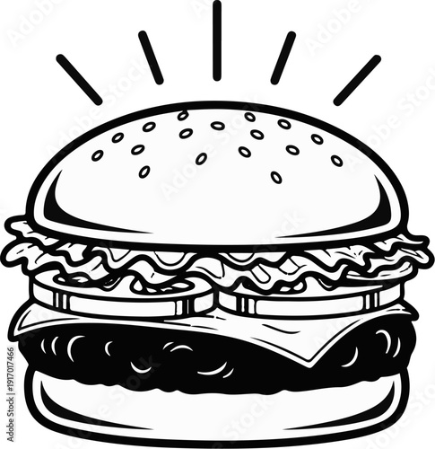 A stylized black and white drawing of a delicious hamburger with radiating lines