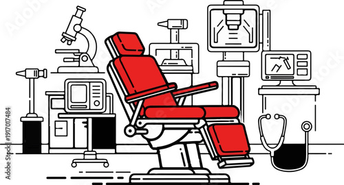 Medical examination room with a red chair and scientific equipment