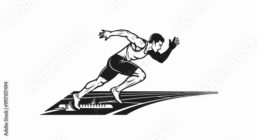 Dynamic illustration of a male sprinter in mid-stride from starting blocks