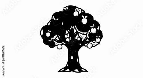 Stylized black and white illustration of a fruit-bearing tree