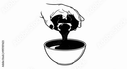 A hand cracks a dark egg, spilling its contents into a white bowl